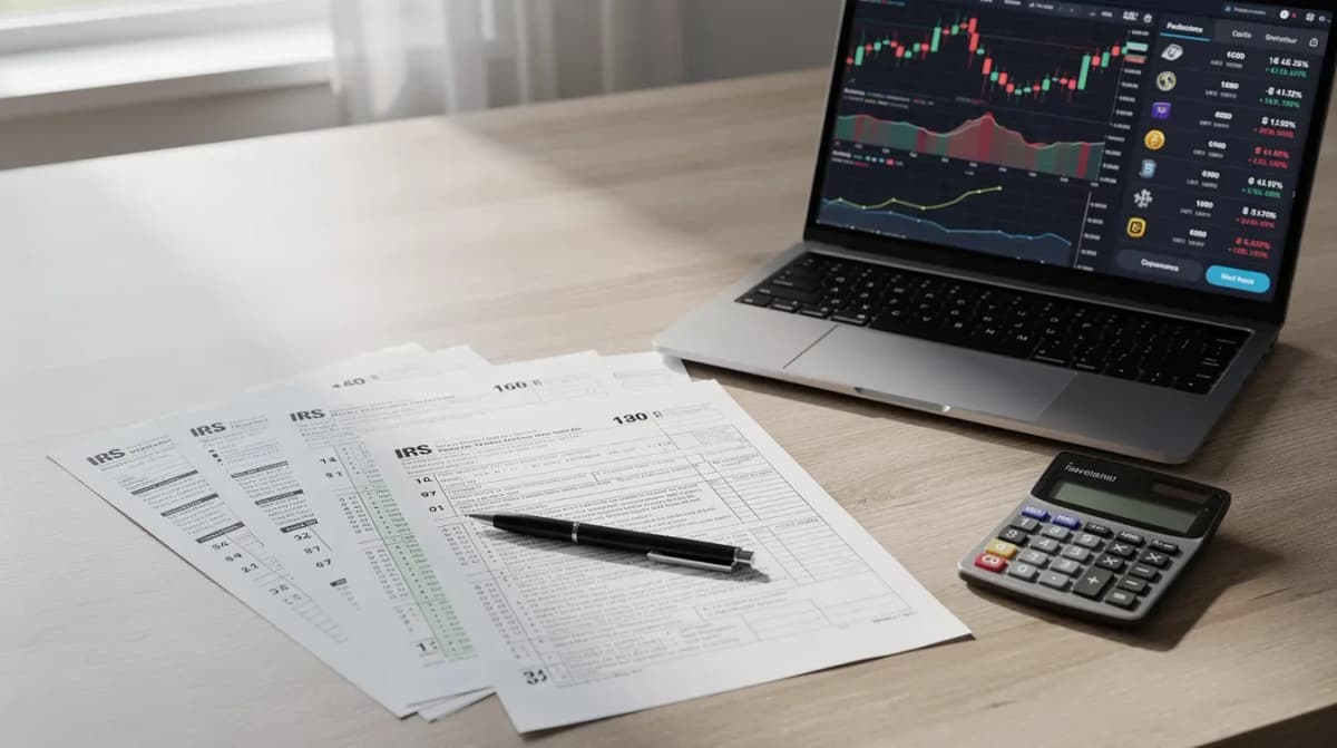 The image shows a cluttered desk featuring various tax forms and bank statements alongside a laptop displaying cryptocurrency portfolio charts, which may include capital gains and taxable income data. This setup is likely used by crypto investors for tax reporting and managing their digital asset transactions, possibly in response to an IRS notice regarding their reported income.