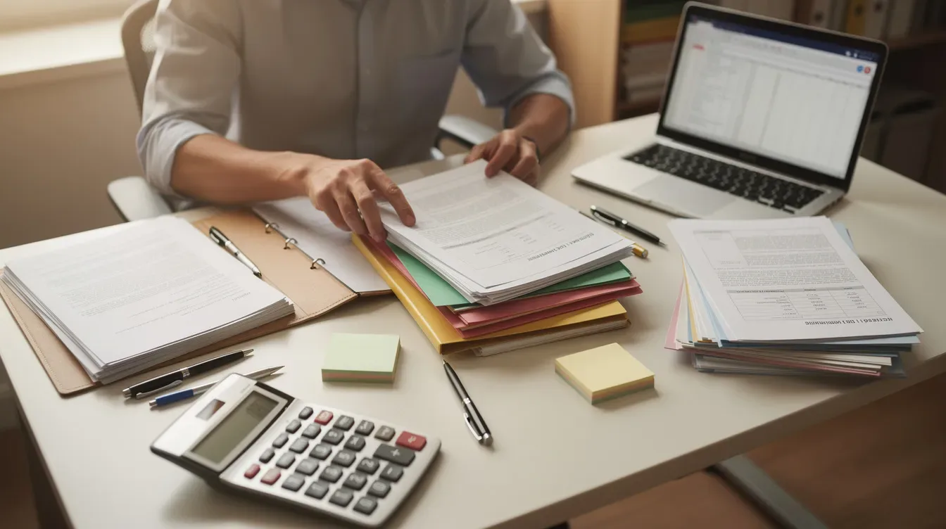 The image shows a person organizing various folders and printed documents on a desk, alongside a calculator and a laptop. This scene suggests preparation for managing financial records, possibly related to tax returns and crypto transactions, as they sort through supporting documentation and tax forms.