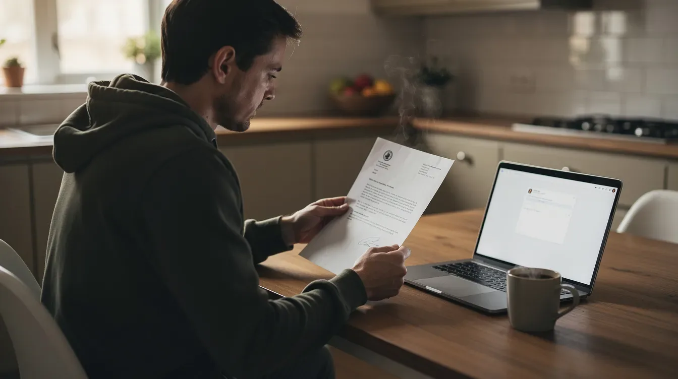 A person is seated at a kitchen table, intently examining an official letter while a laptop and a coffee mug sit nearby. The scene suggests they may be dealing with tax-related matters, possibly related to crypto transactions or a cp2000 notice regarding their reported income and capital gains.