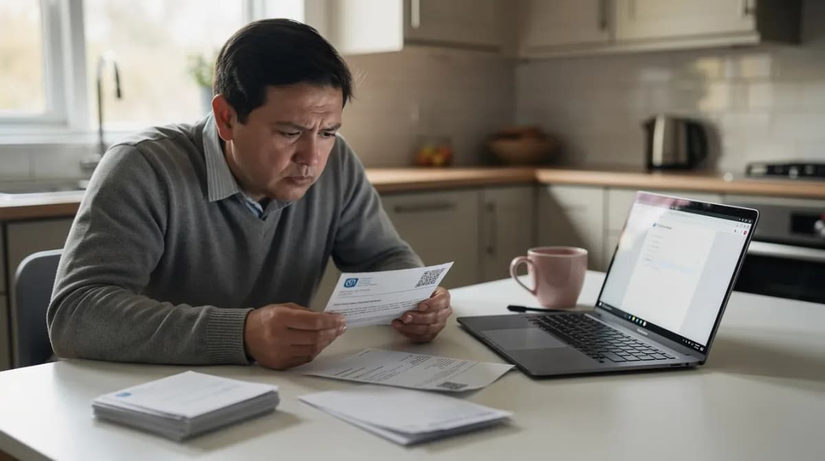 A person sits at a kitchen table, examining official mail regarding their tax return, while a laptop is open nearby displaying income and payment information. The letter may include details about proposed changes or discrepancies that could affect their taxes, possibly leading to penalties or a payment plan.