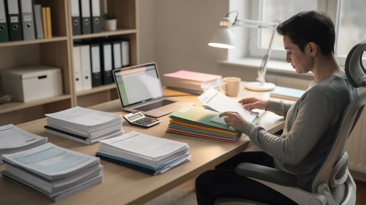 A tax professional is seated at a home office desk, meticulously organizing stacks of financial documents and folders, including tax forms and payment information. This scene highlights the importance of reviewing income details and transaction records to ensure accuracy in tax returns and resolve any discrepancies.