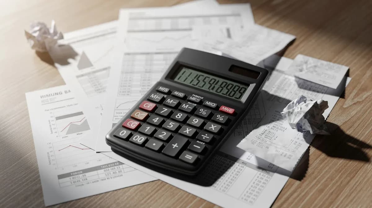 The image shows a calculator resting on top of various financial statements and receipts spread across a wooden desk, suggesting a workspace for a tax professional reviewing income or payment information. This setup may indicate preparations for filing a tax return, calculating deductions, or resolving discrepancies related to tax forms.