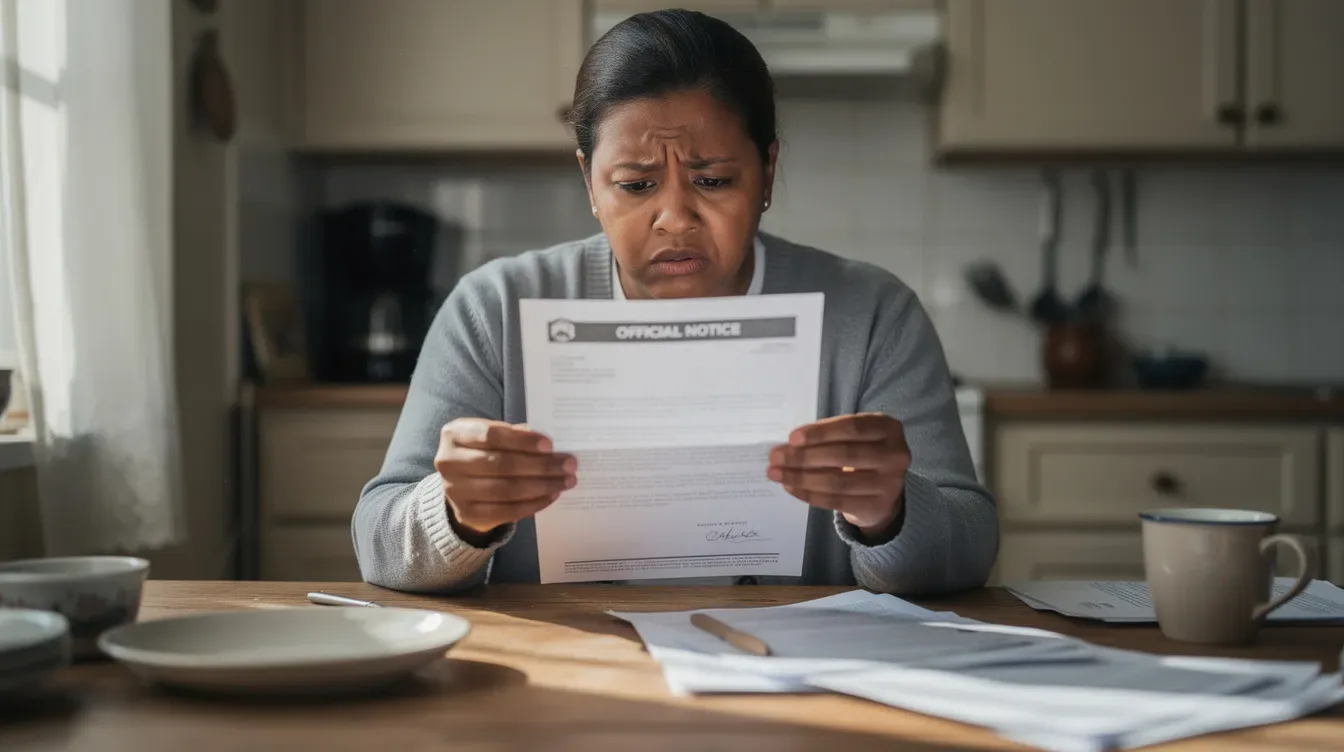 A person is seated at their kitchen table, intently examining an official letter with a worried look on their face, possibly related to their income tax obligations or business transactions, such as receiving a 1099 K from payment platforms like PayPal or Venmo. The scene conveys a sense of concern about tax reporting requirements and potential IRS penalties.