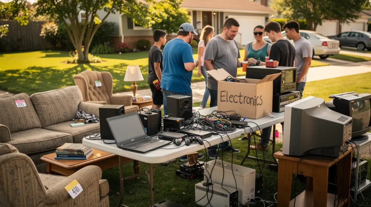 A casual yard sale scene features people browsing through a variety of used furniture and electronics displayed on tables in a residential yard. The atmosphere is relaxed as individuals engage in goods and services transactions, potentially considering the implications of selling personal items and how it may affect their taxable income for the tax year.