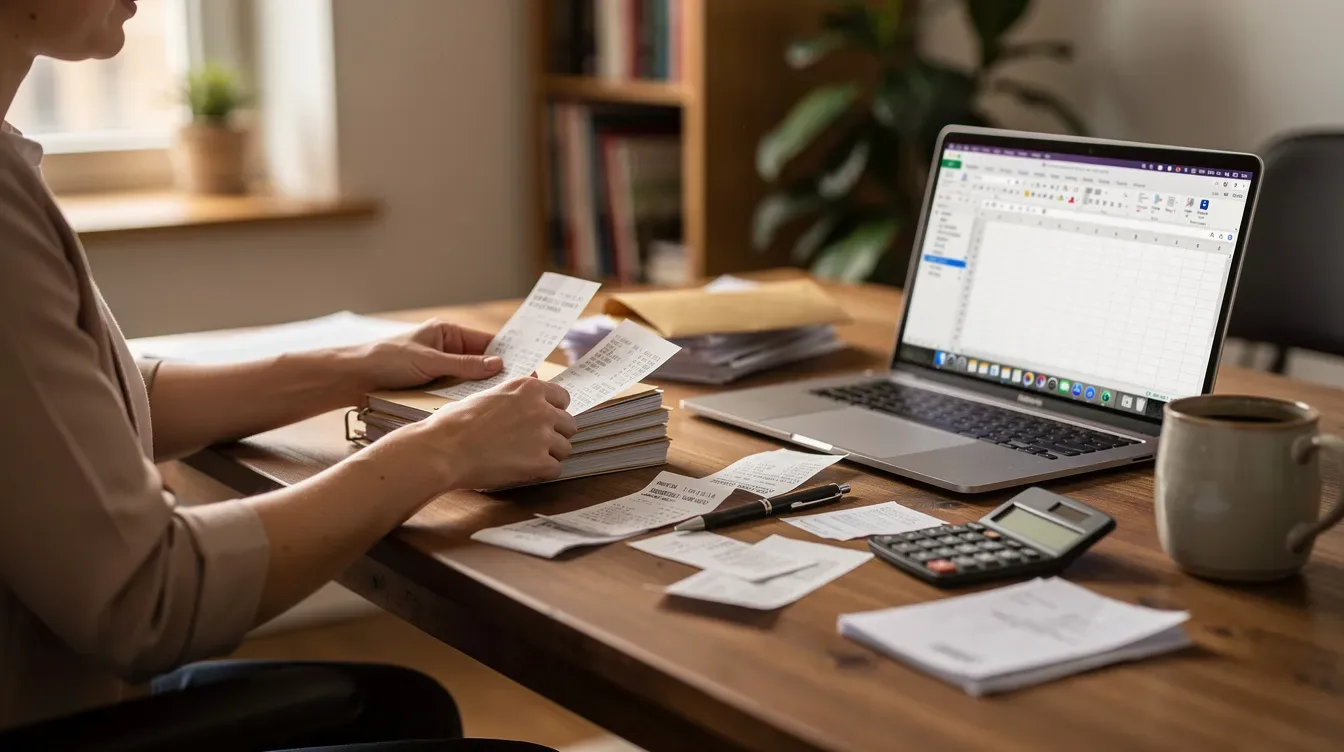 A person is organizing receipts and documents at a desk next to a laptop, preparing for the tax year ahead. This scene emphasizes the importance of maintaining detailed records for reporting taxable income, especially for small business owners and independent contractors dealing with third-party payment platforms like PayPal and Venmo.