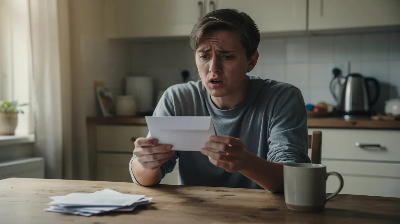 The image shows a person sitting at a kitchen table, looking concerned as they open a white envelope, possibly containing an IRS notice regarding their tax return. Their expression suggests they are anxious about the proposed changes or discrepancies related to their reported income and tax liability.