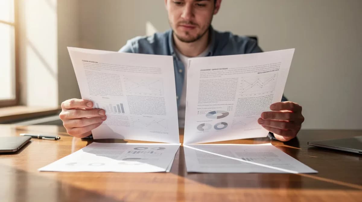 A person is seated at a table, closely examining two printed documents side by side, possibly a tax return and an IRS notice, to identify discrepancies in reported income or proposed changes. The individual appears focused, likely seeking to resolve issues related to their tax year filings or to prepare a response to a CP2000 notice.