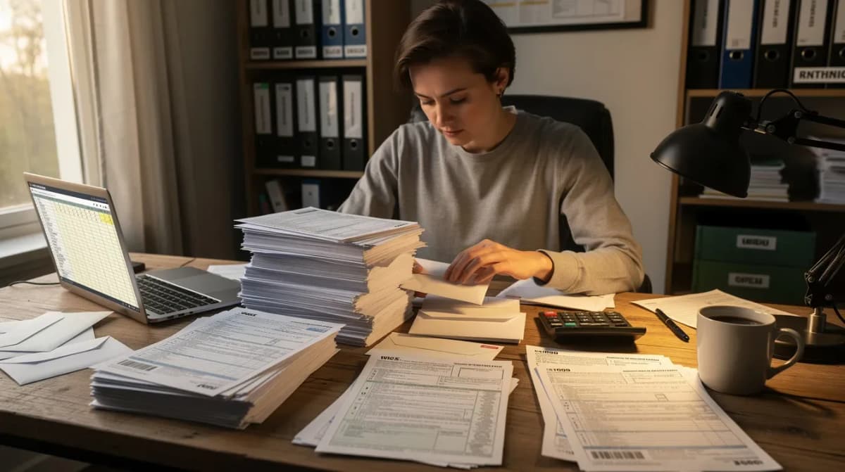 A person is sitting at a desk, carefully organizing various tax forms and envelopes, which include income documents and IRS notices. The scene reflects the meticulous process of preparing for tax filing, highlighting the importance of accurate income reporting and supporting documentation to avoid penalties.