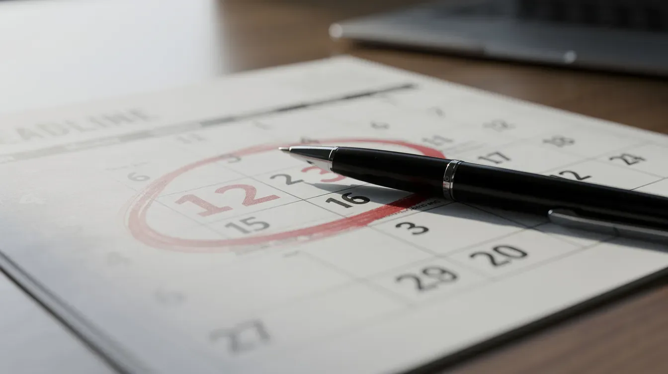 The image shows a calendar page with a specific deadline date circled, indicating an important date for tax-related actions, such as responding to an IRS notice or filing a tax return. A pen lies across the date, suggesting readiness to take action on financial documents or income data.