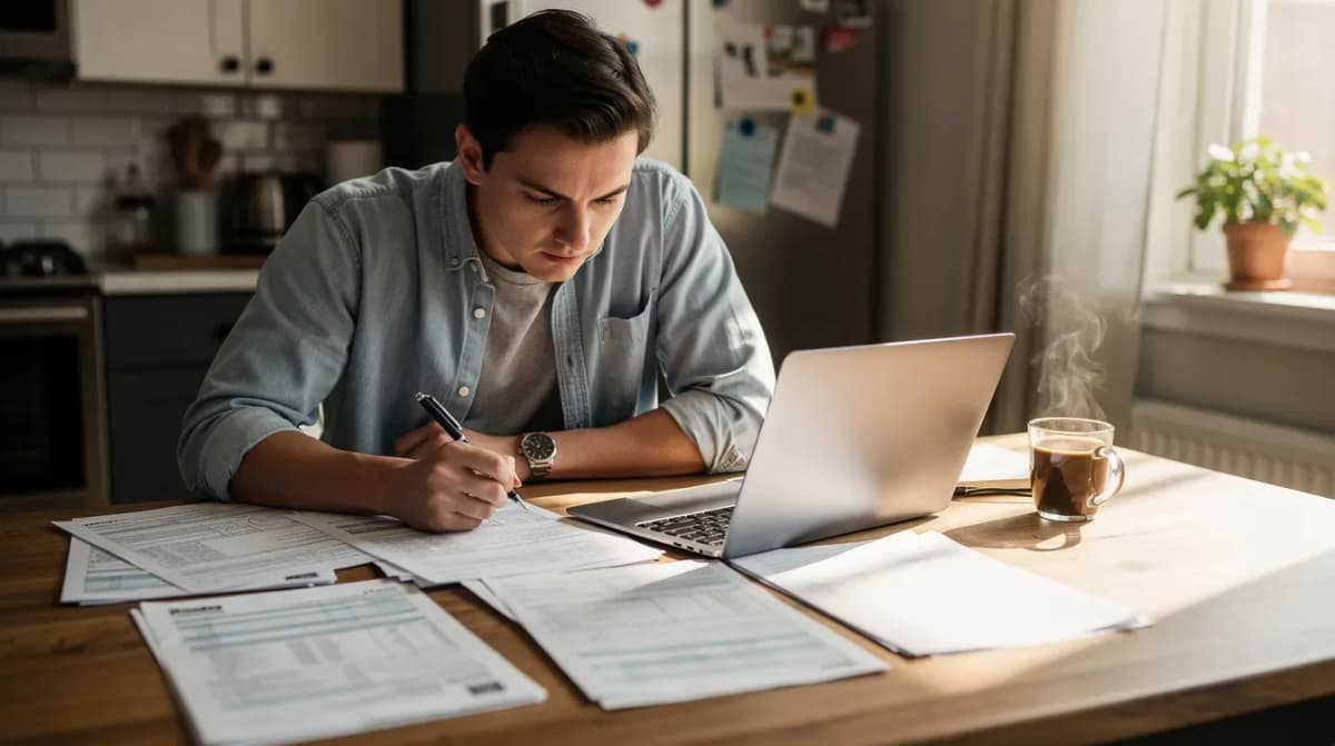 A focused person sits at a kitchen table surrounded by tax documents, a laptop, and a cup of coffee, preparing to address potential issues related to their tax return, including the possibility of an IRS CP2000 notice regarding income discrepancies. The atmosphere is serious as they gather supporting documentation and consider their response options.