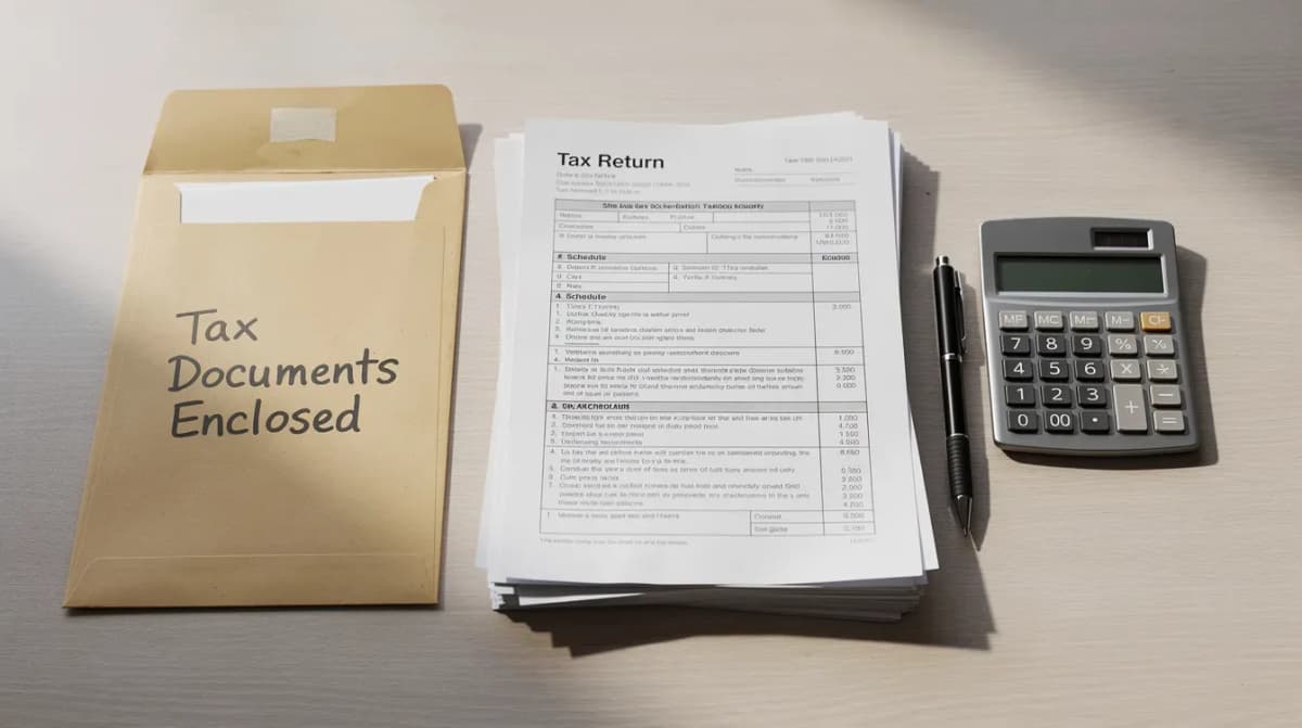The image depicts an organized desk featuring neatly stacked tax papers, a calculator, and a pen placed beside a mailing envelope, suggesting preparation for a response to an IRS CP2000 notice or related tax documents. This setup indicates an emphasis on managing tax returns and financial records efficiently.