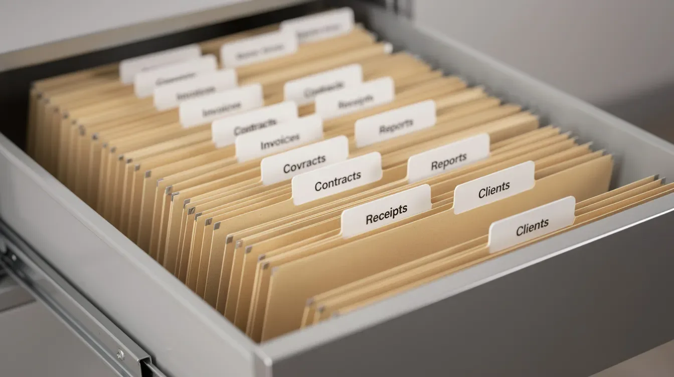 The image depicts a neatly organized filing cabinet filled with labeled file folders, each containing important tax documents such as tax returns, income statements, and IRS notices. The labeled tabs help identify the contents, making it easy to access records related to tax liability and proposed changes, including any cp2000 notices or supporting documentation.