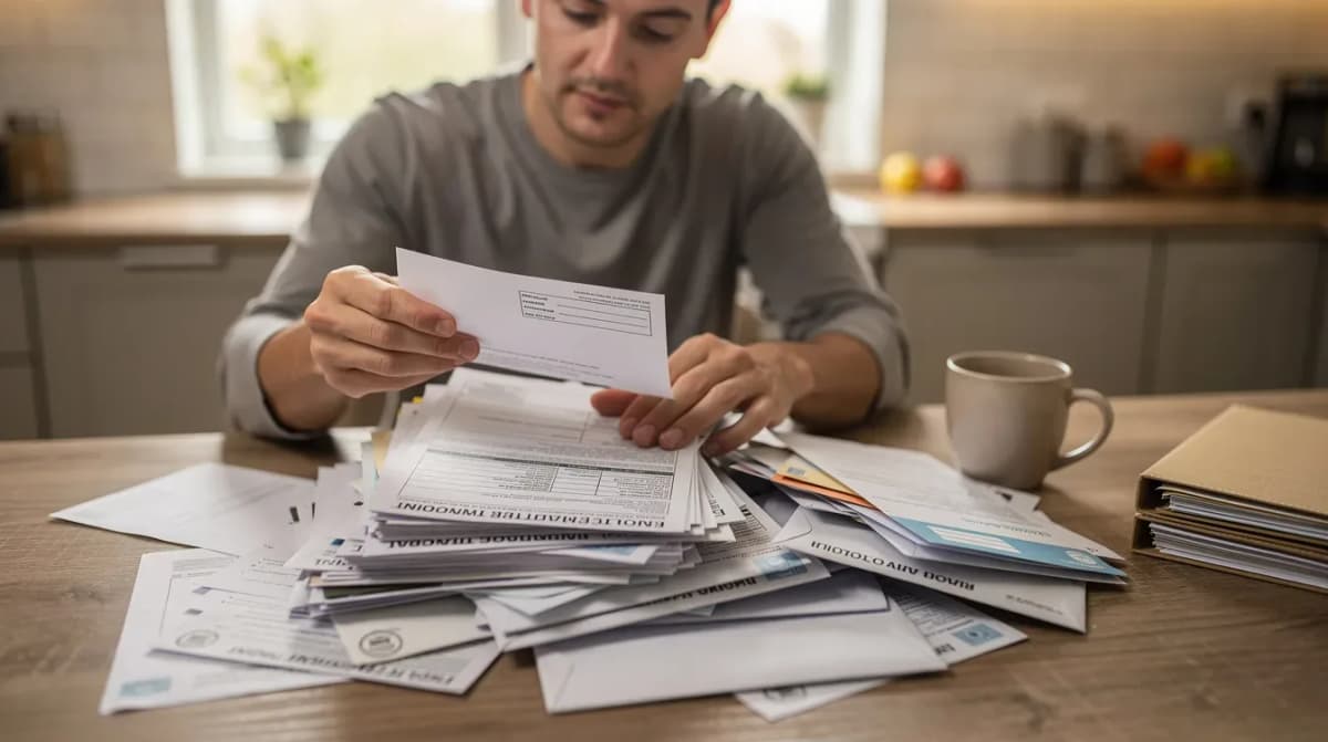 A person is seated at a kitchen table, carefully sorting through a stack of official mail and documents, which likely includes tax forms, IRS notices, and income statements related to their tax return. The scene suggests they may be addressing a CP2000 notice from the IRS regarding proposed changes to their reported income and tax liability.
