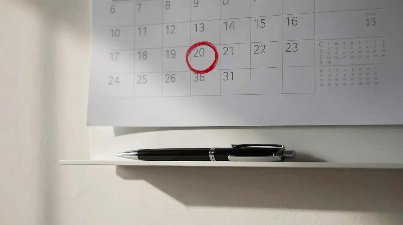The image shows a wall calendar with a specific date circled in red marker, indicating an important deadline, likely related to tax obligations. A pen rests beside it, suggesting the need for further notes or actions, possibly in response to an IRS notice or for preparing tax documents.
