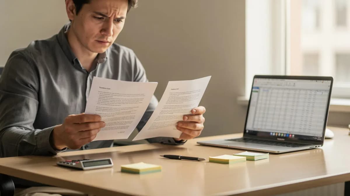 A person sits at a desk, comparing tax documents side by side, with a calculator and laptop nearby, as they review their tax return and assess any proposed changes noted in an IRS CP2000 notice. The workspace is organized, suggesting they are working diligently to resolve potential discrepancies in their reported income and tax liability.