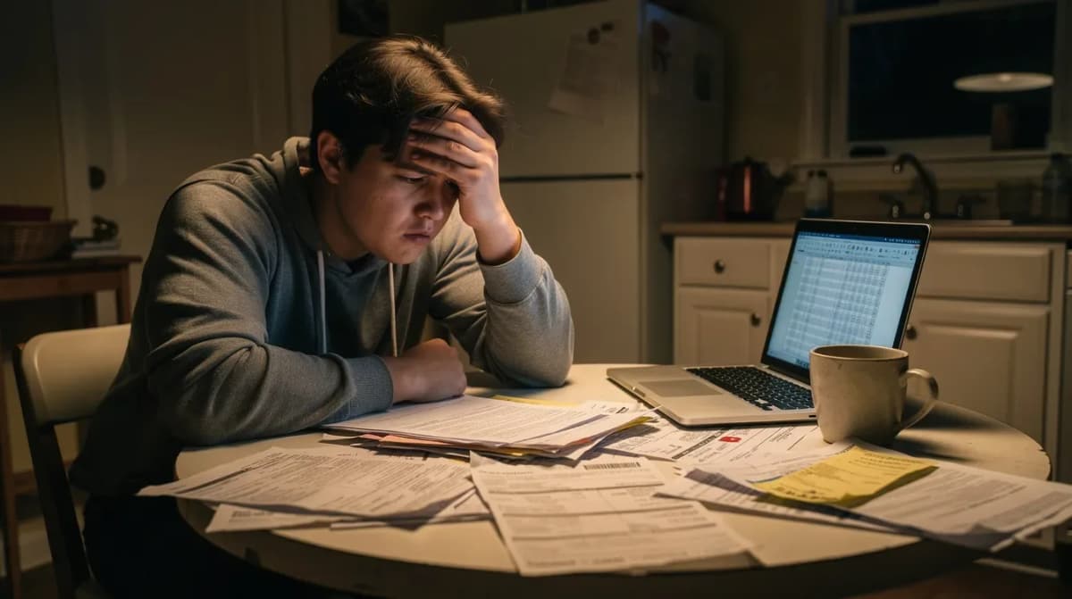 The image shows a person sitting at a kitchen table, looking stressed while reviewing financial paperwork, including a cp2000 notice and tax return documents. They appear overwhelmed by the proposed penalties and additional tax details, as they double-check their income information and prepare to respond to the IRS.