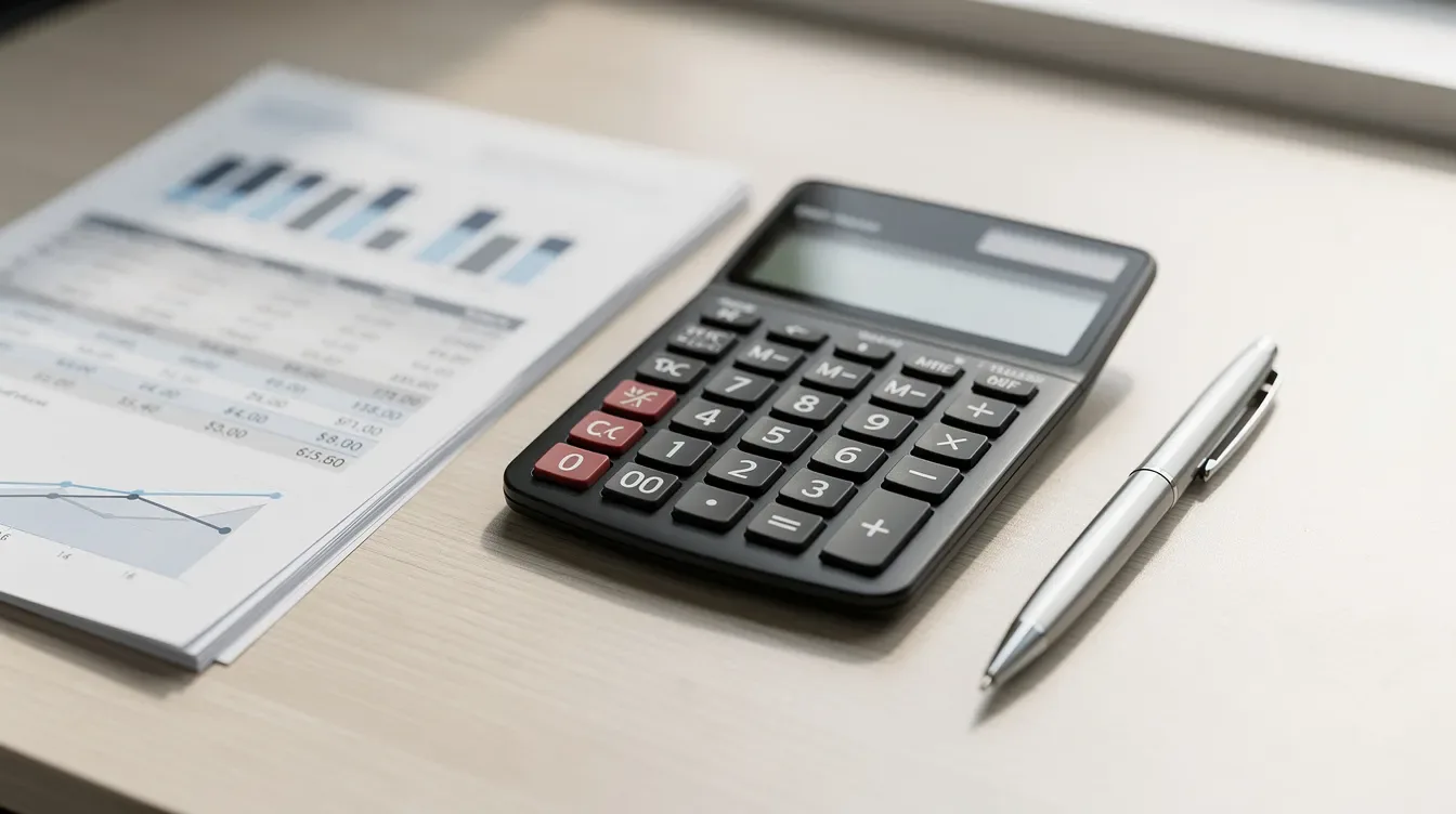 The image shows a calculator and a pen resting on a desk next to a stack of financial documents, which may include tax returns, IRS notices, and response forms related to income information and potential proposed penalties. This setup suggests preparation for responding to a CP2000 notice or reviewing tax-related details for accuracy.