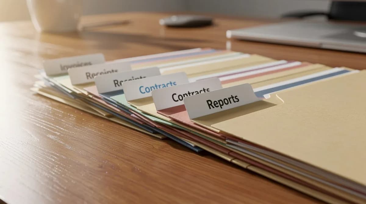 The image depicts a neatly organized wooden desk featuring file folders with labeled tabs, each likely containing important documents related to tax matters such as tax returns, payment plans, and income documents. This arrangement suggests a focus on maintaining accurate records for potential IRS audits or responses to CP2000 notices.
