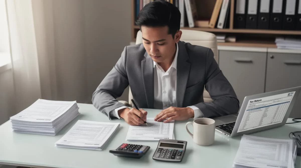 The image shows a person sitting at a desk, carefully reviewing tax documents and paperwork, including a tax return and a CP2000 notice from the IRS. They appear focused as they analyze their taxable income and consider any proposed changes or adjustments related to their tax position for the current tax year.