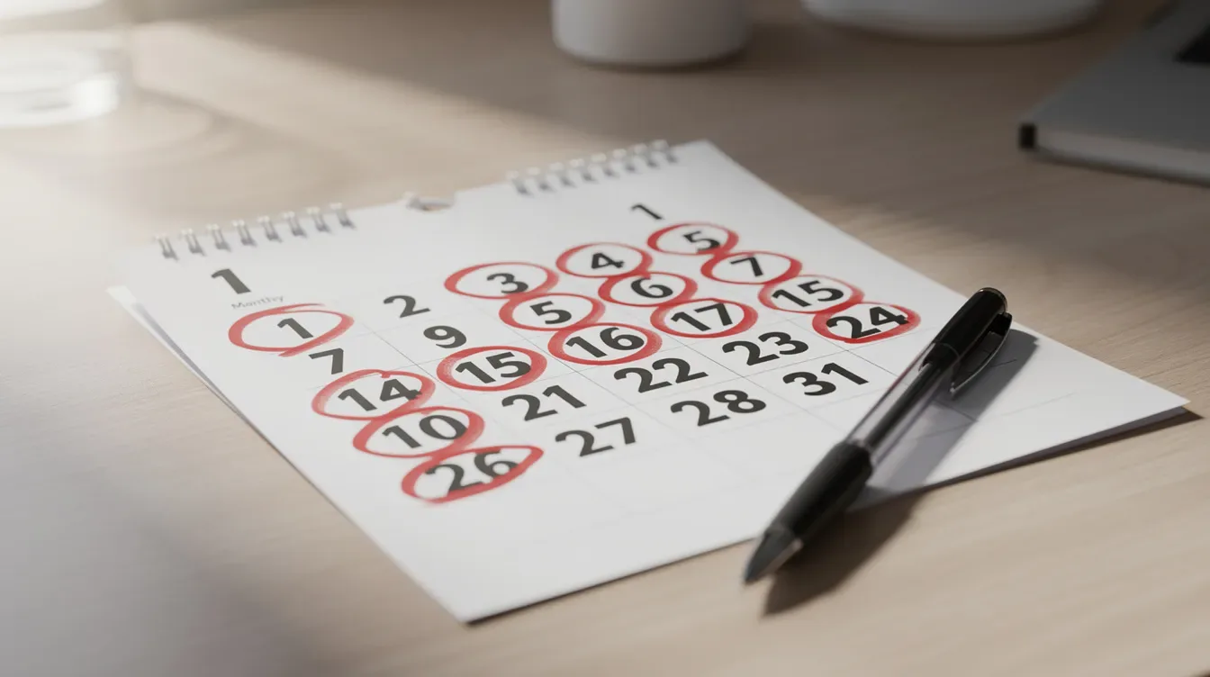 The image shows a calendar placed on a desk with several important dates circled in red marker, indicating deadlines related to tax returns or responses to IRS notices. A pen lies beside the calendar, suggesting preparation for filing or responding to financial institutions regarding additional tax owed or proposed changes.