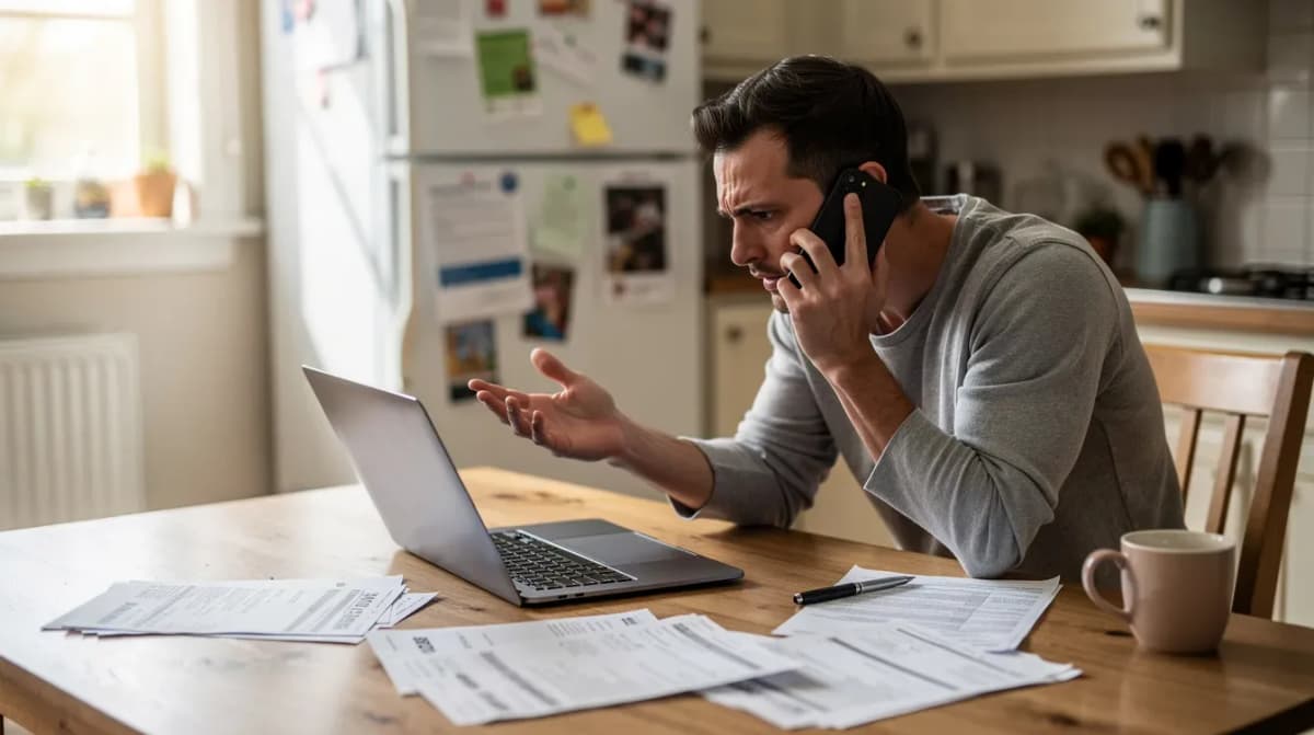 A person sits at a kitchen table, engaged in a phone conversation while surrounded by papers, a laptop, and various income statements. The scene suggests they are discussing matters related to their tax return, possibly addressing a CP2000 notice from the IRS regarding underreported income and the additional tax owed.