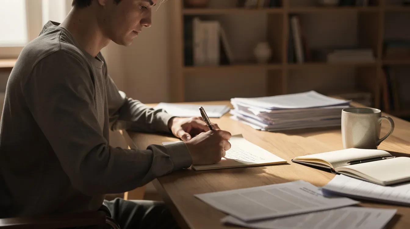 A person is sitting at a desk, writing a letter by hand, with various tax documents spread out nearby. The scene suggests they may be addressing issues related to their tax return, possibly responding to an IRS CP2000 notice or preparing a petition for the United States Tax Court.