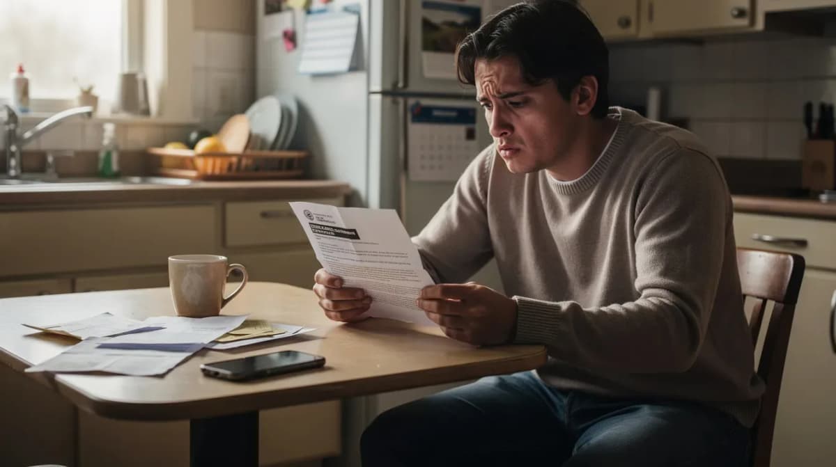 The image shows a person sitting at a kitchen table, holding an official-looking letter with a worried expression on their face. The letter likely pertains to an IRS CP2000 notice regarding proposed additional tax and unreported income, indicating potential issues with their tax return and the need for a response to avoid future penalties.