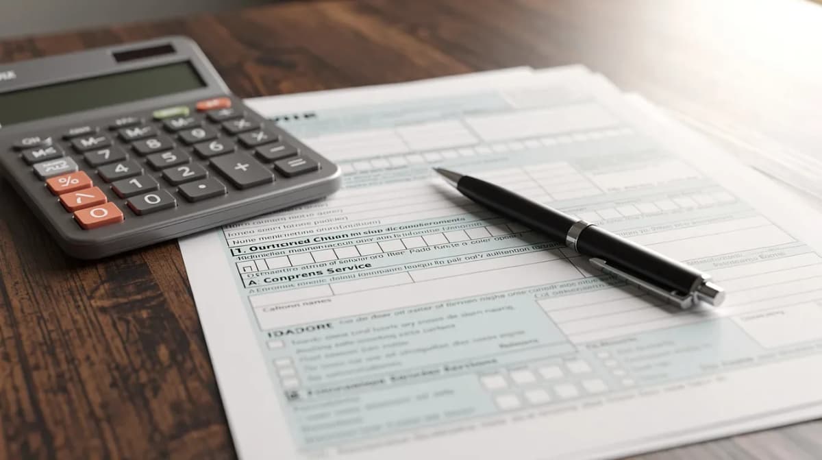 The image shows a calculator placed next to tax forms and a pen on a wooden desk, suggesting an environment for preparing a tax return. This setup may be used by a tax professional to calculate taxable income and prepare necessary income documents for submission to the IRS.