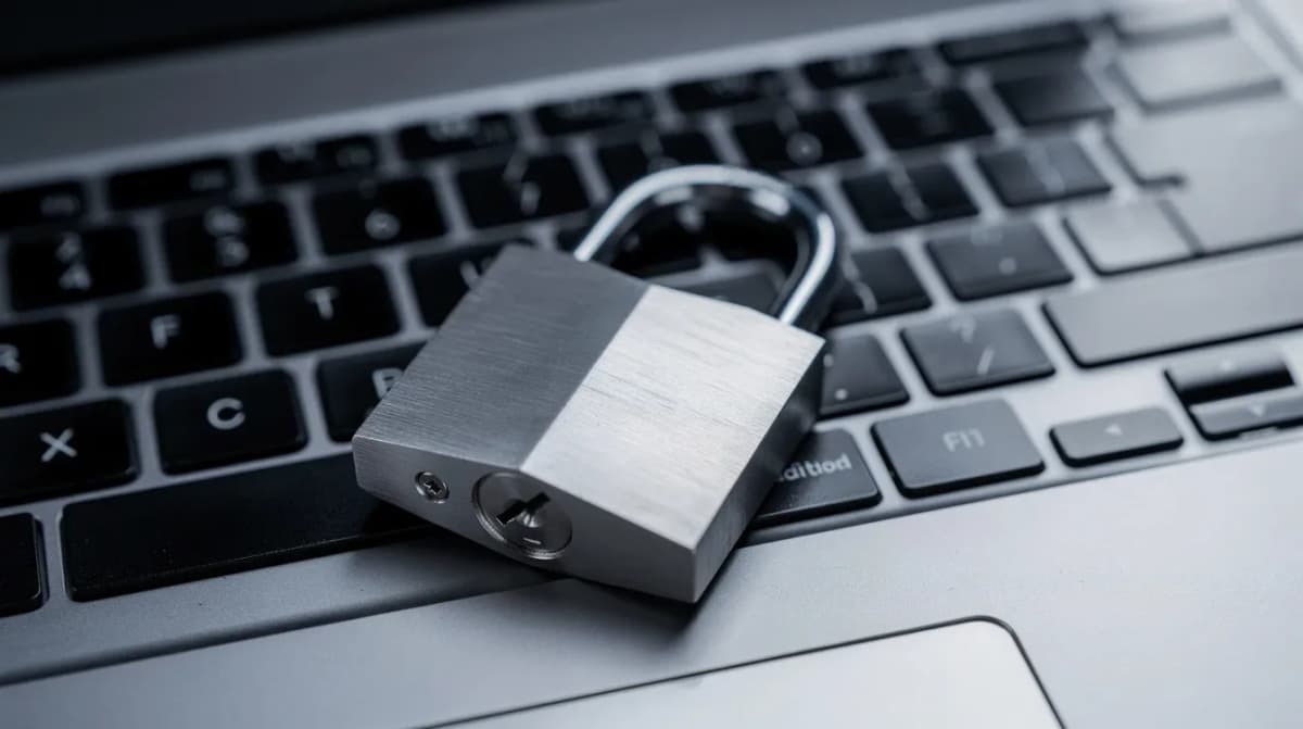 The image depicts a padlock placed on a laptop keyboard, symbolizing security and protection of sensitive information, such as income tax returns and IRS records. This imagery may evoke themes of safeguarding against identity theft and ensuring the integrity of financial transactions.
