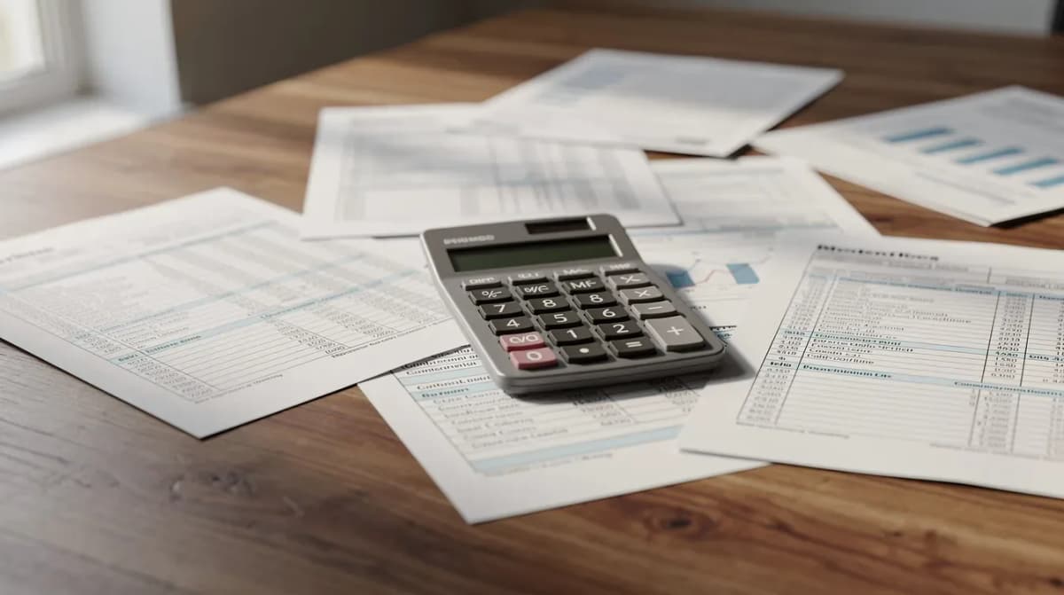 The image depicts a wooden desk cluttered with various tax documents, including an income tax return and an IRS letter, alongside a calculator. This setup suggests a taxpayer preparing for their tax refund process, possibly involving verification or the review of supporting documents.