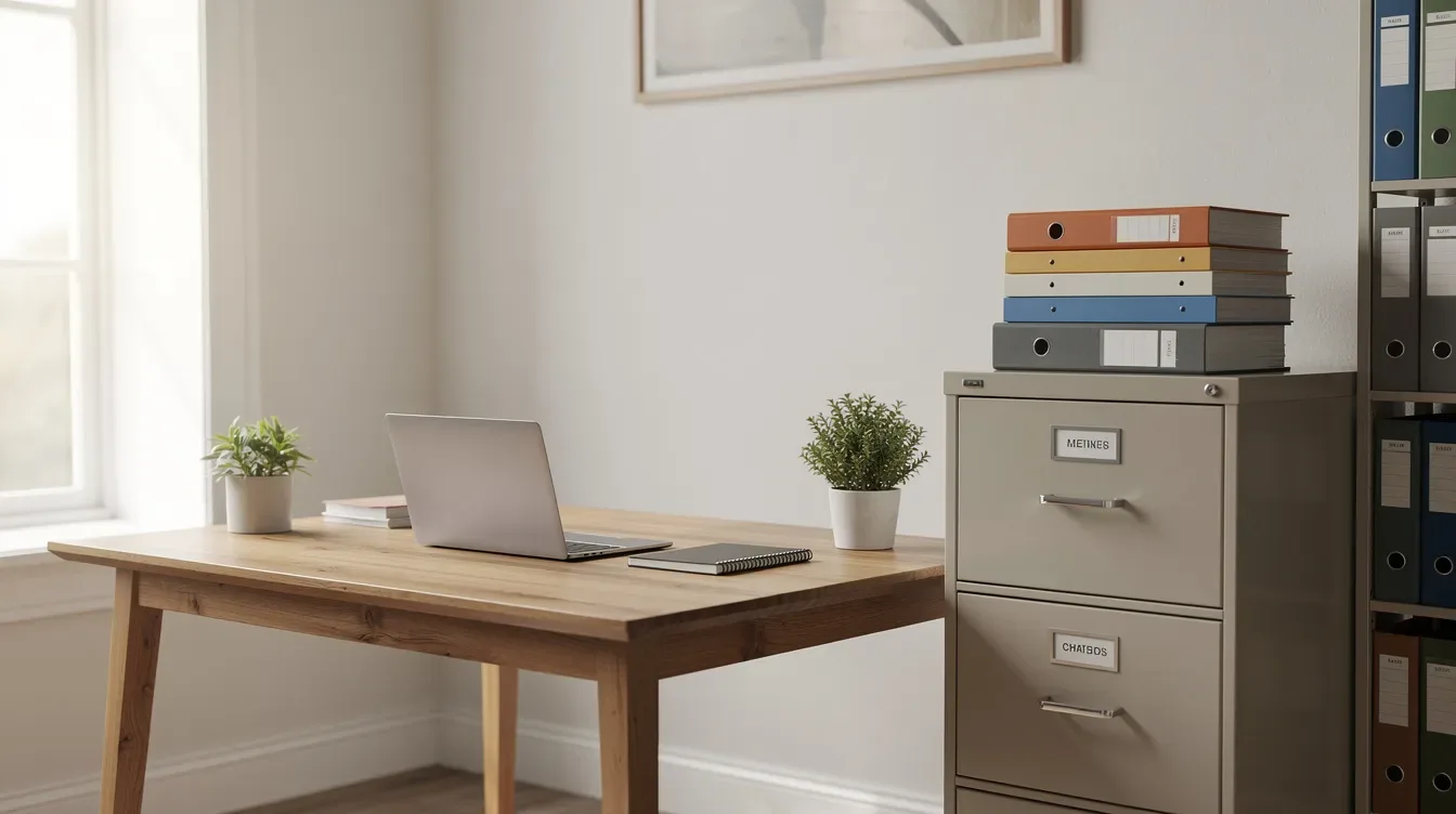 The image depicts a well-organized home office featuring a filing cabinet and neatly stacked folders, ideal for managing important documents such as income tax returns and IRS letters. This setup promotes efficiency for tasks like verifying tax credits and preparing for potential audits.