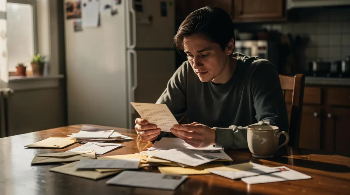 A person is seated at a kitchen table, intently reading a letter from a stack of mail, which may include important documents such as an IRS letter 4464c related to their tax return. The scene suggests a moment of concern or focus on financial matters, possibly involving verification processes or potential identity theft issues.