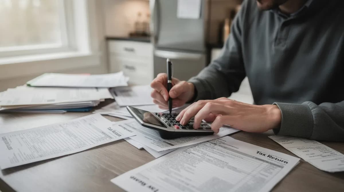 A person is sitting at a kitchen table, focused on a calculator while surrounded by various tax paperwork, including a federal income tax return and documents related to unpaid tax. The scene illustrates the complexities of filing taxes late, highlighting the potential for penalties and the importance of meeting the due date to avoid accruing interest.