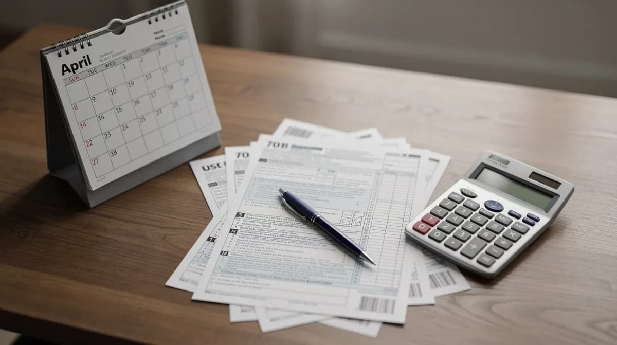 The image shows a cluttered desk featuring various tax forms, a pen, and a calculator, alongside a calendar displaying the month of April, highlighting the urgency of filing taxes by the due date to avoid late filing penalties. This scene emphasizes the importance of managing unpaid tax and understanding potential penalties for failure to file or pay on time.