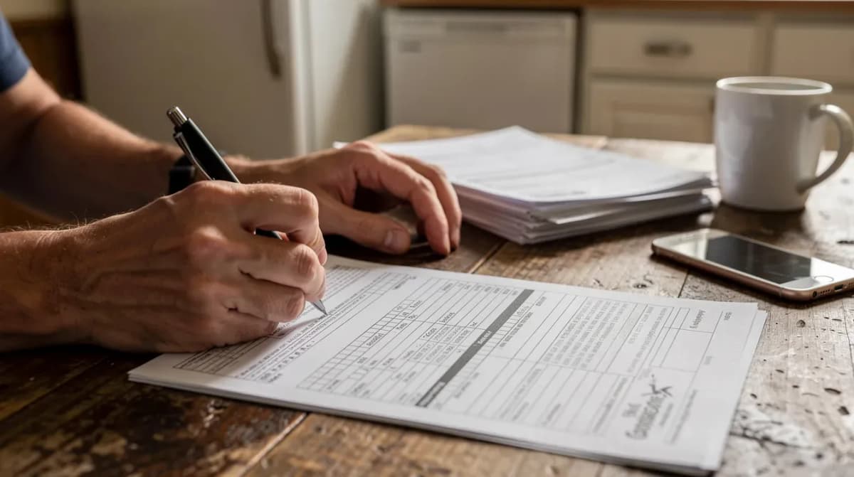 A pair of hands is seen filling out an official government form on a kitchen table, emphasizing the importance of seeking assistance from the taxpayer advocate service for resolving tax issues. The scene reflects the efforts many taxpayers make to navigate the complexities of the IRS system while addressing their financial difficulties.