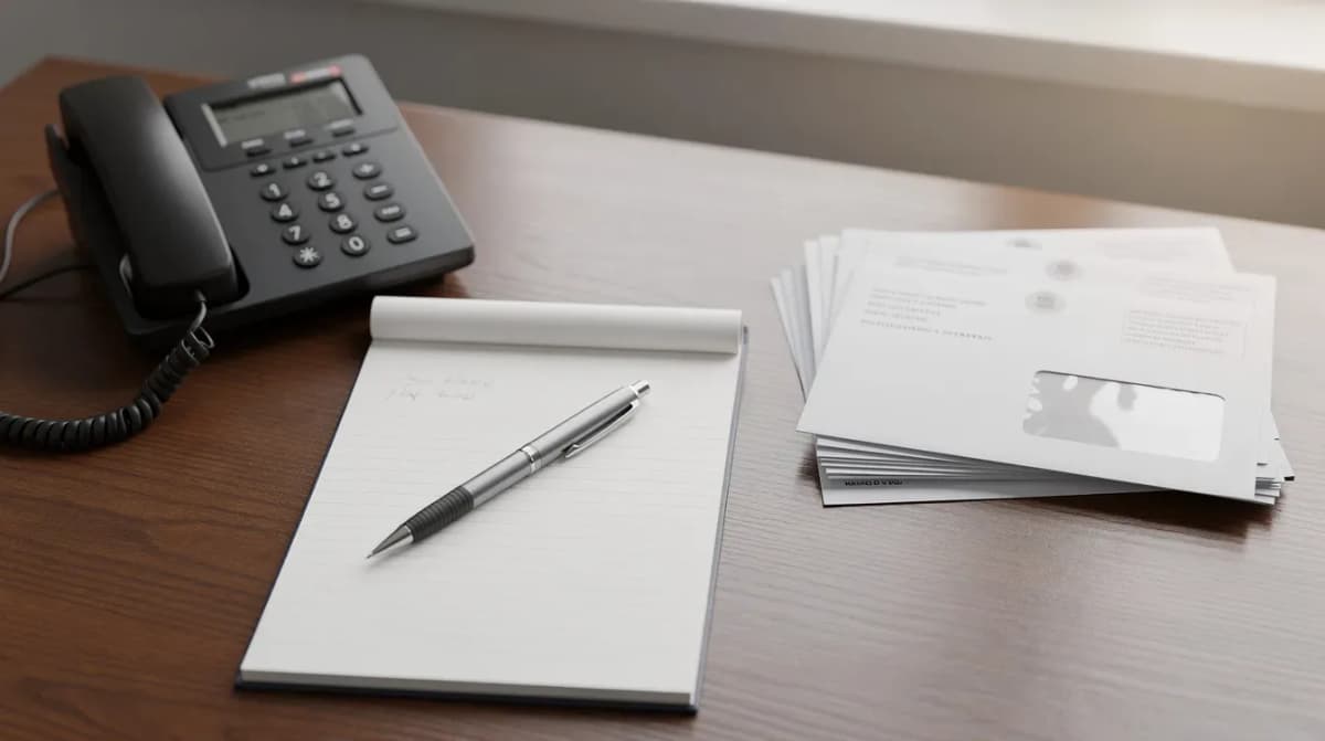 The image shows a telephone, a notepad, and a pen placed on a table next to a stack of official-looking letters, suggesting a setting for tax counseling or communication with the IRS. This arrangement may represent the resources available for taxpayers seeking assistance from the taxpayer advocate service to resolve their tax issues.