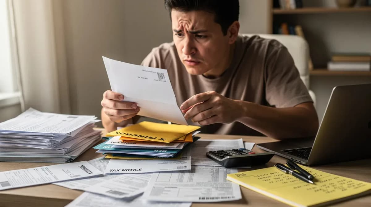 The image shows a person sitting at a desk, surrounded by stacks of tax-related mail and documents, as they review important paperwork related to their financial situation. This scene reflects the challenges many taxpayers face when dealing with tax issues and highlights the role of the taxpayer advocate service in providing assistance and support.
