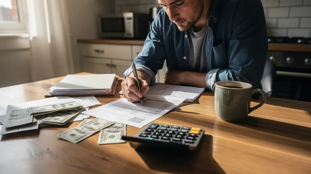 A person is sitting at a kitchen table, surrounded by financial paperwork and a calculator, carefully reviewing their financial situation. This scene reflects the stress of managing tax debt and the need for potential tax relief options, such as payment plans or IRS forgiveness programs.