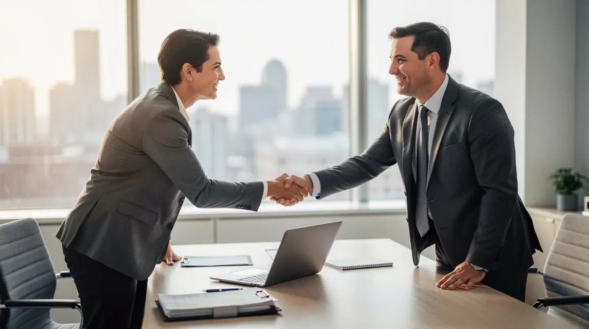 A person is shaking hands with a professional advisor in an office, symbolizing the beginning of a partnership to resolve tax debt issues. The setting conveys a sense of professionalism and support, indicating a discussion about tax relief options like offers in compromise and payment plans to manage financial hardship.