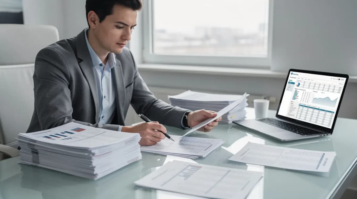 The image shows a person seated at a desk, reviewing stacks of financial documents while a laptop is open in front of them. This scene suggests a focus on managing tax-related paperwork, likely involving forms 1099 and considerations for filing deadlines to avoid penalties.
