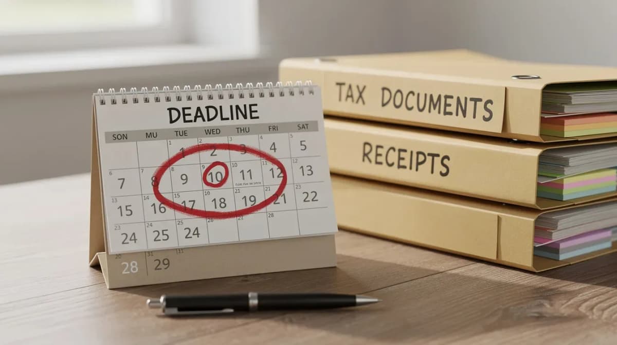 The image shows a desk calendar with a red circle highlighting a crucial filing deadline, accompanied by neatly stacked tax folders nearby. This visual emphasizes the importance of timely submission to avoid penalties, such as late filing penalties associated with forms 1099 and estimated tax payments.