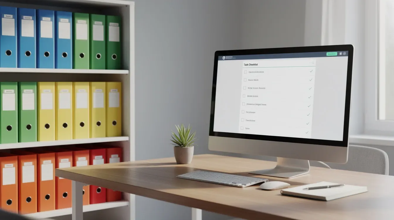 The image depicts a neatly organized office featuring color-coded filing folders and a computer screen displaying a checklist, emphasizing the importance of timely submission to avoid penalties related to forms 1099 and late filing. This orderly setup suggests a focus on proper tax administration and adherence to IRS deadlines to prevent issues like incorrect forms and potential penalties.