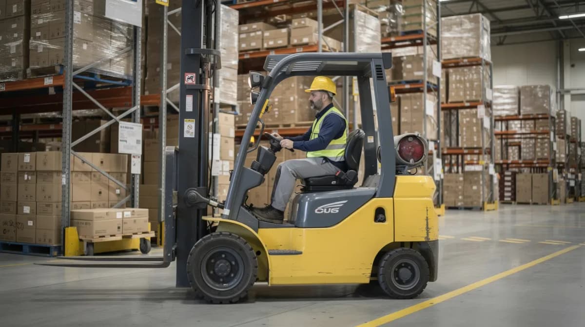 A warehouse worker wearing a hard hat is skillfully operating a forklift, navigating through rows of stacked goods. This scene highlights the importance of safety and efficiency in business environments, relevant for tax professionals and businesses managing their operations.