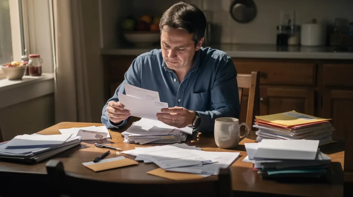 A person sits at a kitchen table, surrounded by envelopes and paperwork, sorting through documents that likely include federal tax information and forms related to income and business tax. The scene suggests they may be preparing to file taxes or access and manage their account information with the Internal Revenue Service (IRS).
