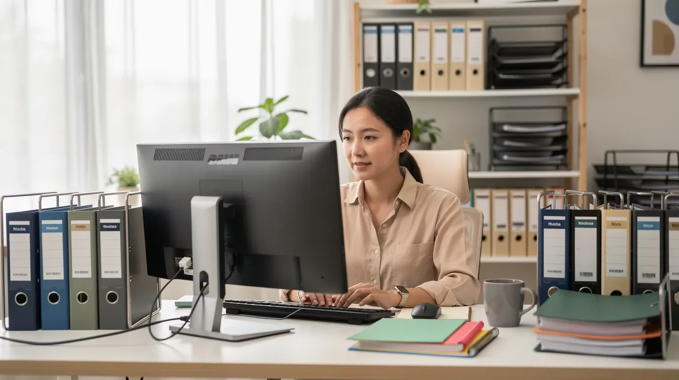 A small business owner is seated at a desk, working on a computer surrounded by organized files, focusing on managing business tax responsibilities and accessing important account information. The scene reflects a productive environment where individuals can learn about federal tax obligations and eligible deductions, such as working families tax cuts.