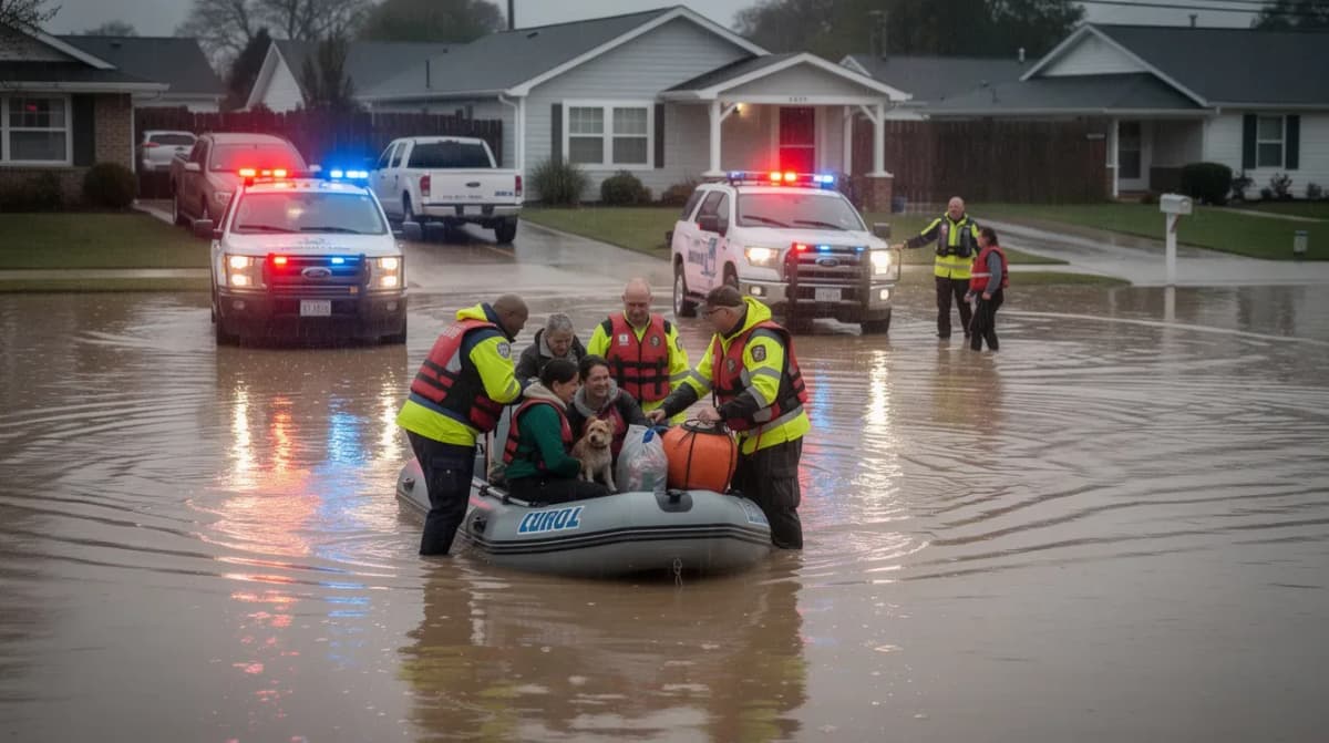 The image depicts a flooded neighborhood street with emergency vehicles and workers assisting residents affected by the natural disaster. The scene highlights the urgent response efforts, as workers help individuals navigate the waterlogged area, ensuring their safety and addressing immediate needs.