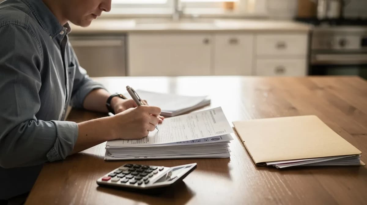 A person is seen carefully writing on official paperwork at a kitchen table, with a calculator and a folder nearby, likely preparing their income tax return or filling out IRS Form 843 for penalty relief. The scene suggests a focus on accuracy and organization while navigating tax obligations.