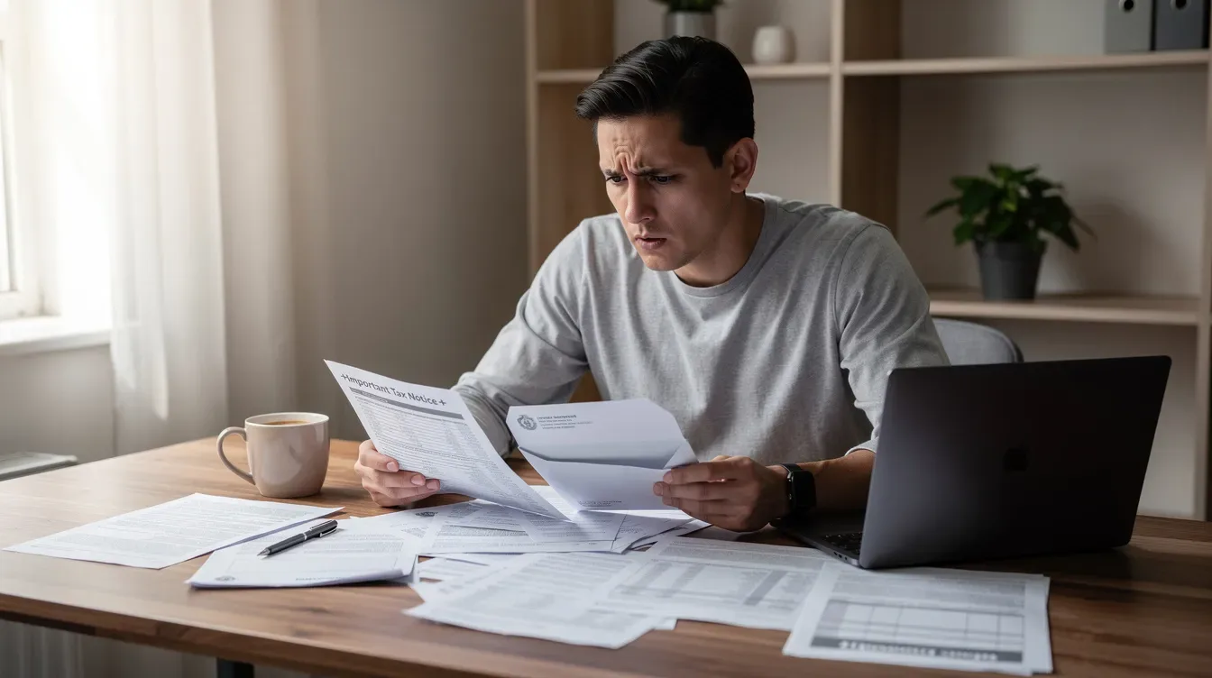 The image shows a person sitting at a desk, carefully reviewing financial documents alongside an open envelope containing an IRS notice. The scene suggests the individual is assessing their tax obligations, possibly related to income tax returns or seeking penalty relief for the tax period.