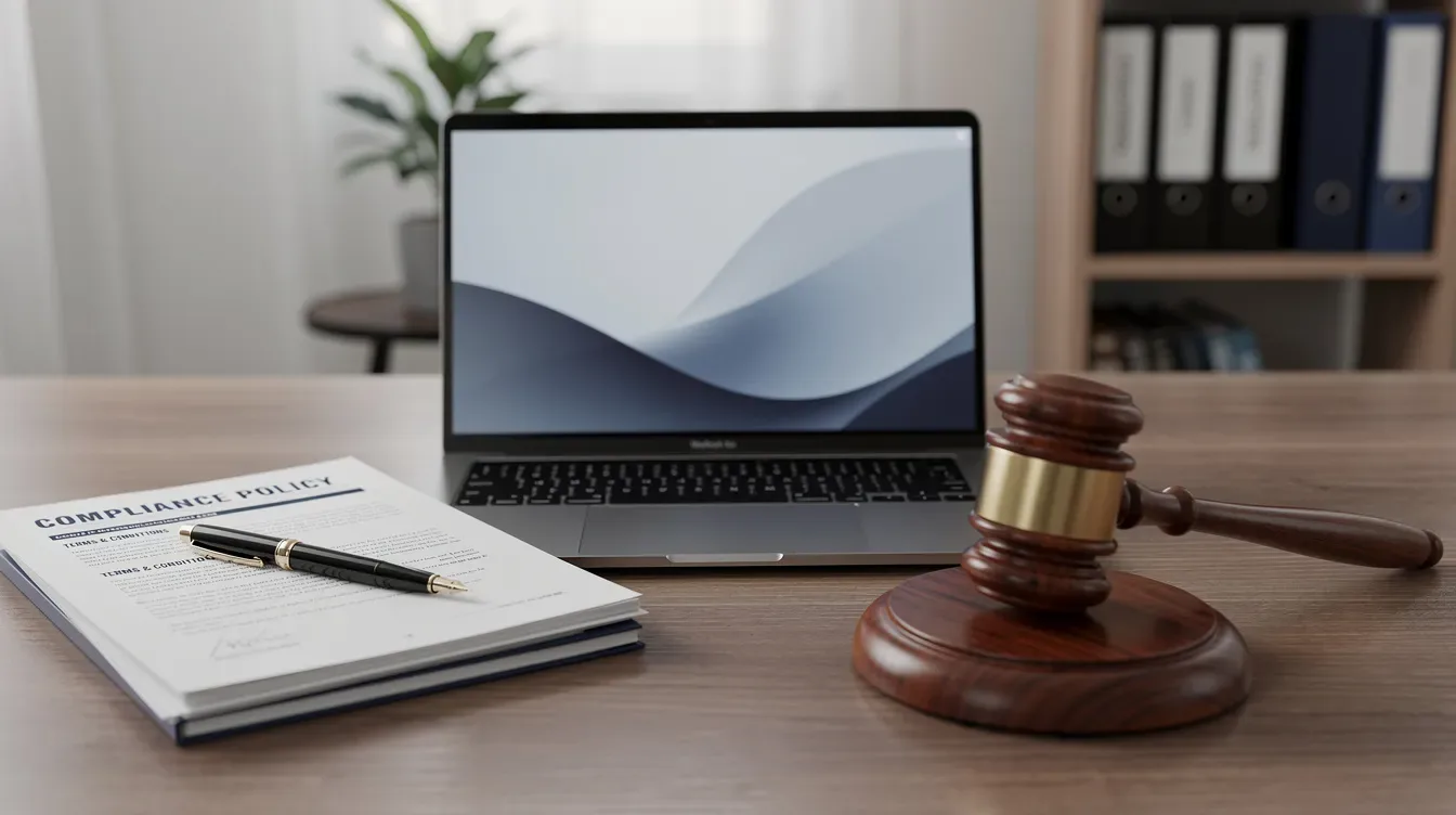 The image depicts a professional office desk featuring a laptop, neatly arranged legal documents, and a gavel, symbolizing the importance of legal compliance in tax matters. This setting reflects a workspace where tax professionals might address IRS notices and prepare various tax forms, including IRS Form 843 for penalty relief and income tax refunds.