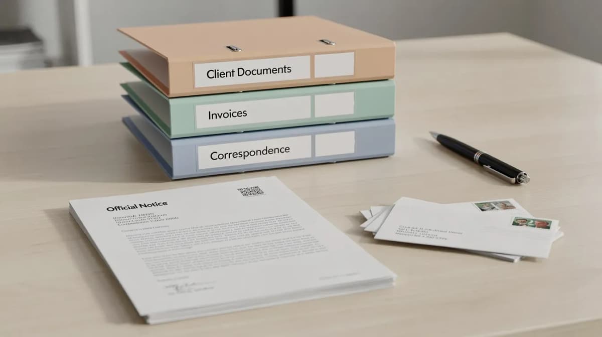 The image depicts a neatly organized desk featuring labeled file folders, a pen, and printed documents ready for mailing, including important tax records and a letter to the IRS. The arrangement suggests preparation for submitting a tax return or responding to an IRS notice.